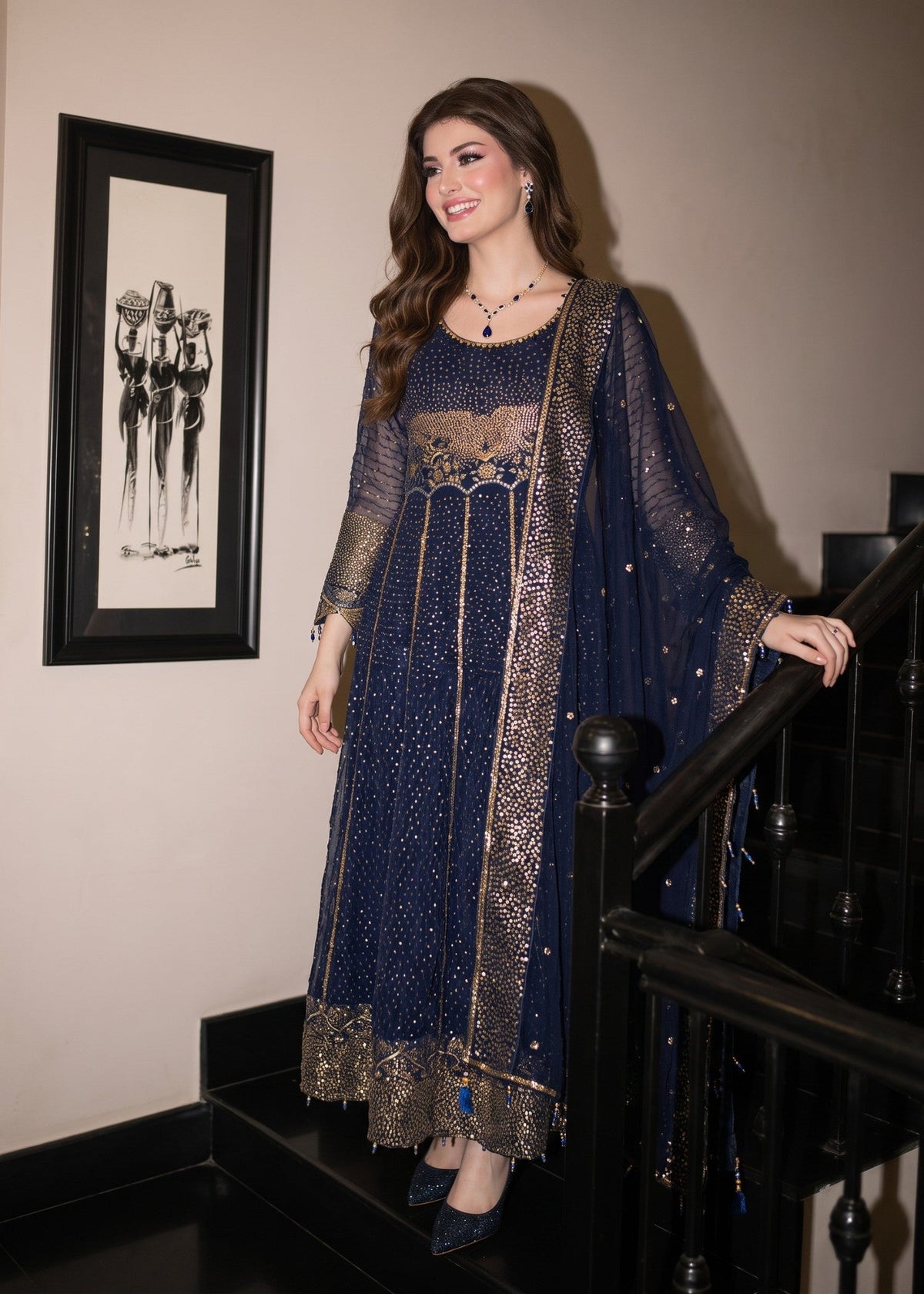 Navy Blue Chiffon Pishwas Pakistani Suit Online in Sri Lanka India Australia