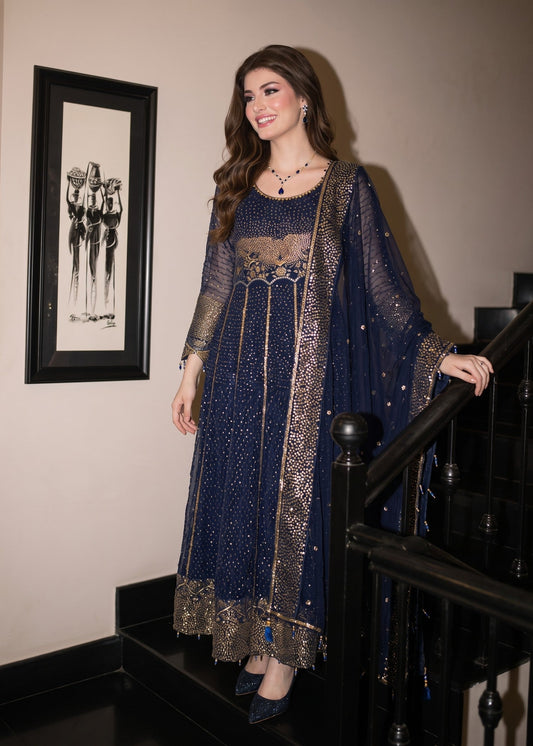 Navy Blue Chiffon Pishwas Pakistani Suit Online in Sri Lanka India Australia