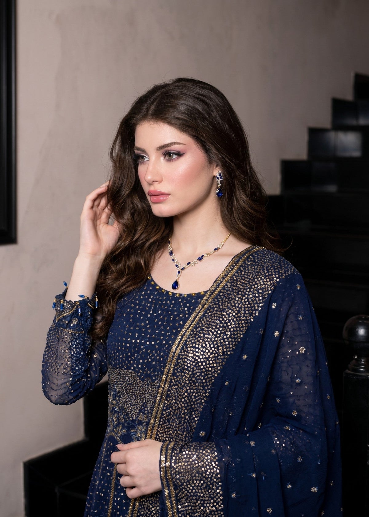 Navy Blue Embroidered Chiffon Pishwas Suit Online in Dubai DXB UAE Abudhabi Meena Bazaar