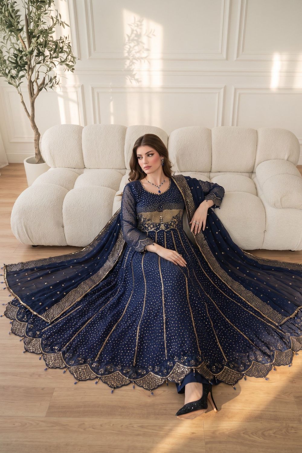 Navy Blue Embroidered Chiffon Pishwas Suit Online in Dubai UAE Abudhabi Ajman Sharjah