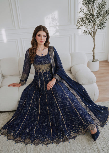 Navy Blue Embroidered Chiffon Pishwas Online in Dubai UAE Abudhabi Ajman Sharjah