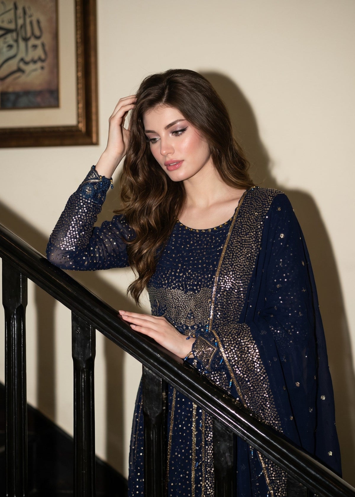 Navy Blue Embroidered Chiffon Shalwar Kameez Online in UK USA Canada