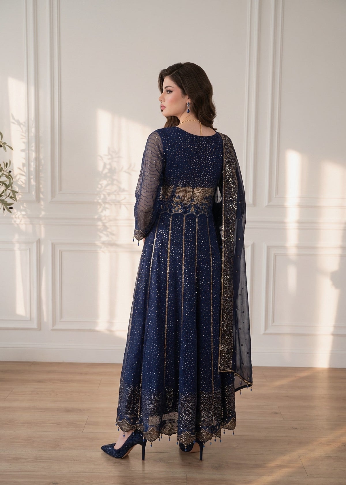 Pakistani Designer Navy Blue Chiffon Salwar Kameez Online in KSA Riyadh Saudi Arabia Oman Bahrain Qatar