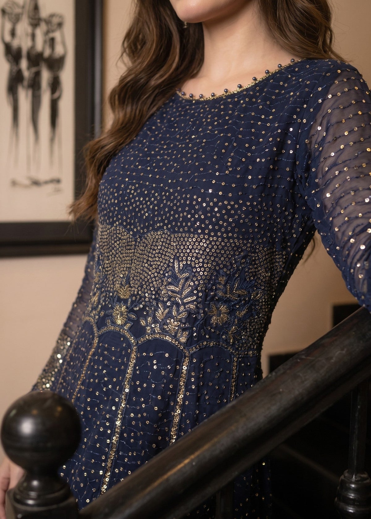 Pakistani Navy Blue Chiffon Salwar Kameez Online in KSA Riyadh Saudi Arabia Oman Bahrain Qatar