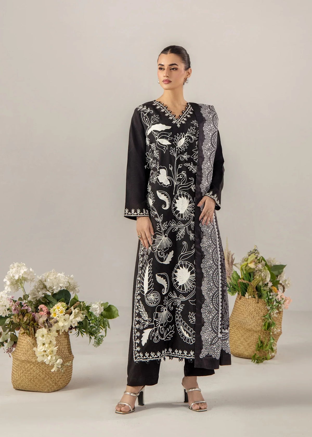 Black Silk Embroidered Salwar Kameez Online in KSA Riyadh Saudi Arabia Oman Bahrain Qatar