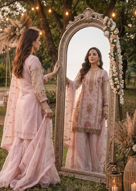 Ladies Embroidered Pink Organza Shalwar Kameez Online in UK USA Canada