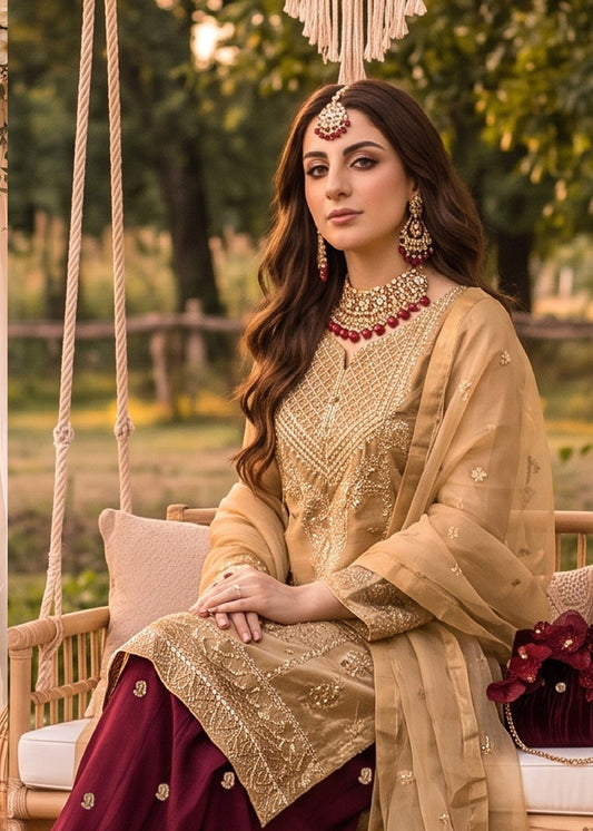 Ladies Mustard Embroidered Organza Shalwar Kameez Online in UK USA Canada