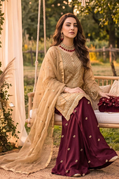Mustard Embroidered Organza Pakistani Suit Online in Dubai UAE Abudhabi Ajman Sharjah