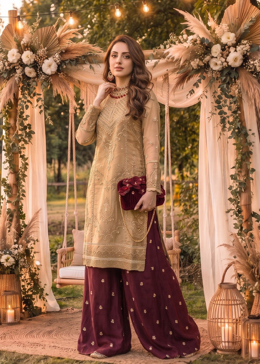 Mustard Organza Embroidered Salwar Kameez Online in KSA Riyadh Saudi Arabia Oman Bahrain Qatar