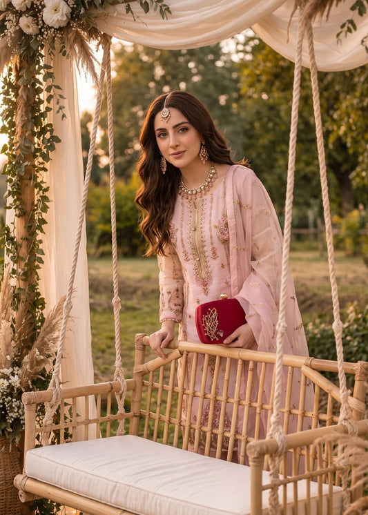 Pakistani Designer Pink Organza Salwar Kameez Online in KSA Riyadh Saudi Arabia Oman Bahrain Qatar