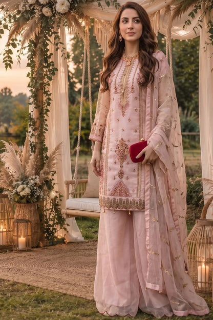 Pink Embroidered Organza Partywear Suit Online in Dubai UAE Abudhabi Ajman Sharjah