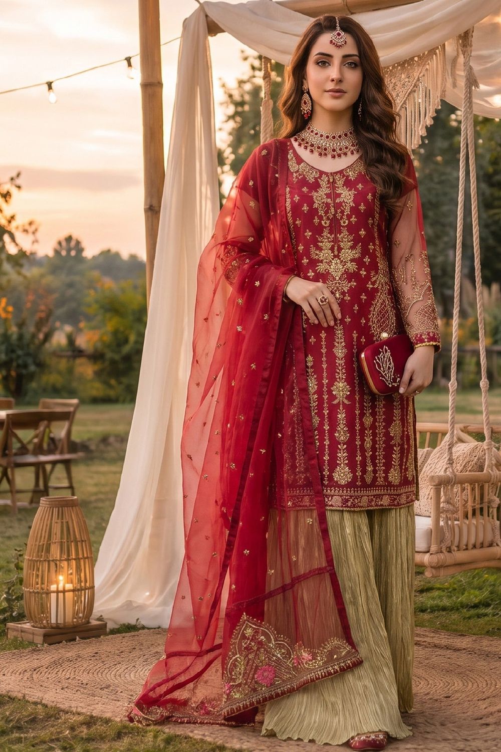 Red Embroidered Organza Pakistani Suit Online in Dubai UAE Abudhabi Ajman Sharjah