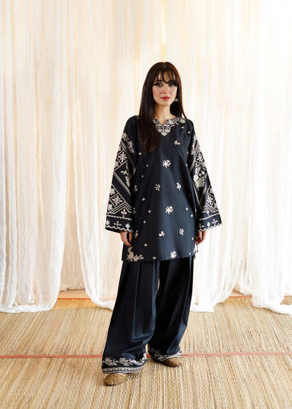 Readymade Black Lawn Kurta Set with Farshi Shalwar Online in KSA Riyadh Saudi Arabia Oman Bahrain Qatar