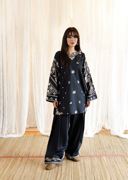 Readymade Black Lawn Kurta Set with Farshi Shalwar Online in KSA Riyadh Saudi Arabia Oman Bahrain Qatar