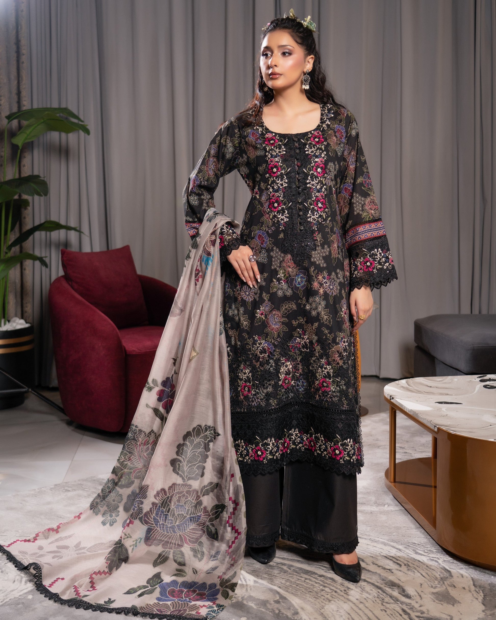 Readymade Black Patchwork Lawn Suit Online in Sri Lanka India Australia