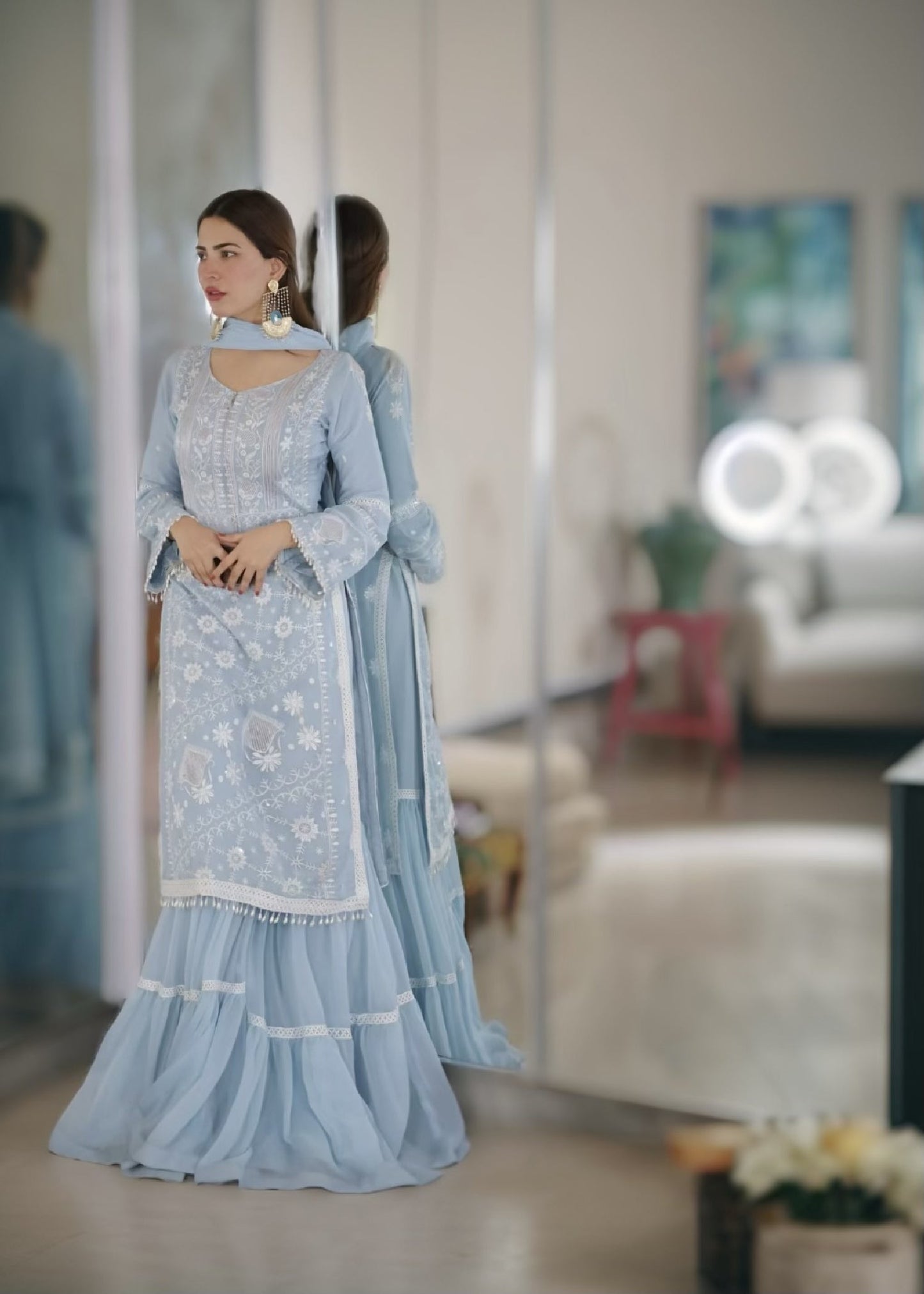 Readymade Ice Blue Embroidered Chiffon Gharara Online in Sri Lanka India Australia