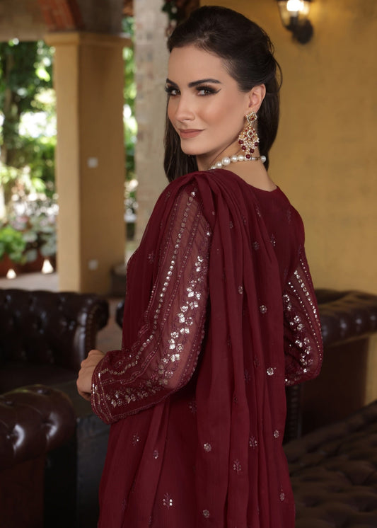 Readymade Maroon Embroidered Chiffon Kurta Pajama Online in Sri Lanka India Australia