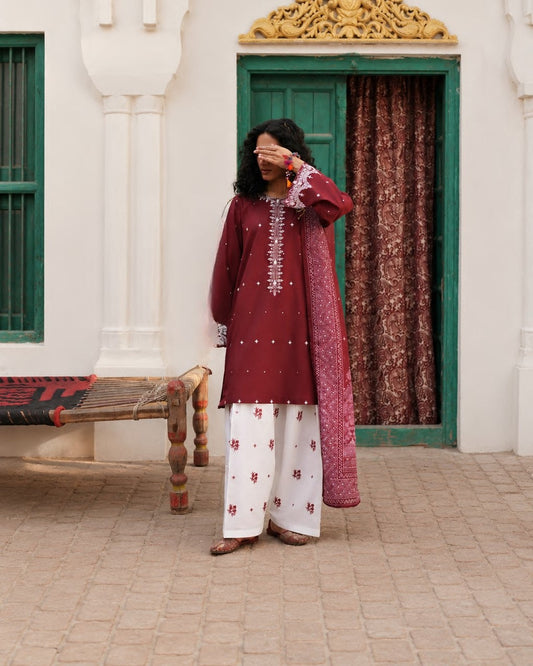 Readymade Maroon Embroidered Lawn Suit Online in Sri Lanka India Australia