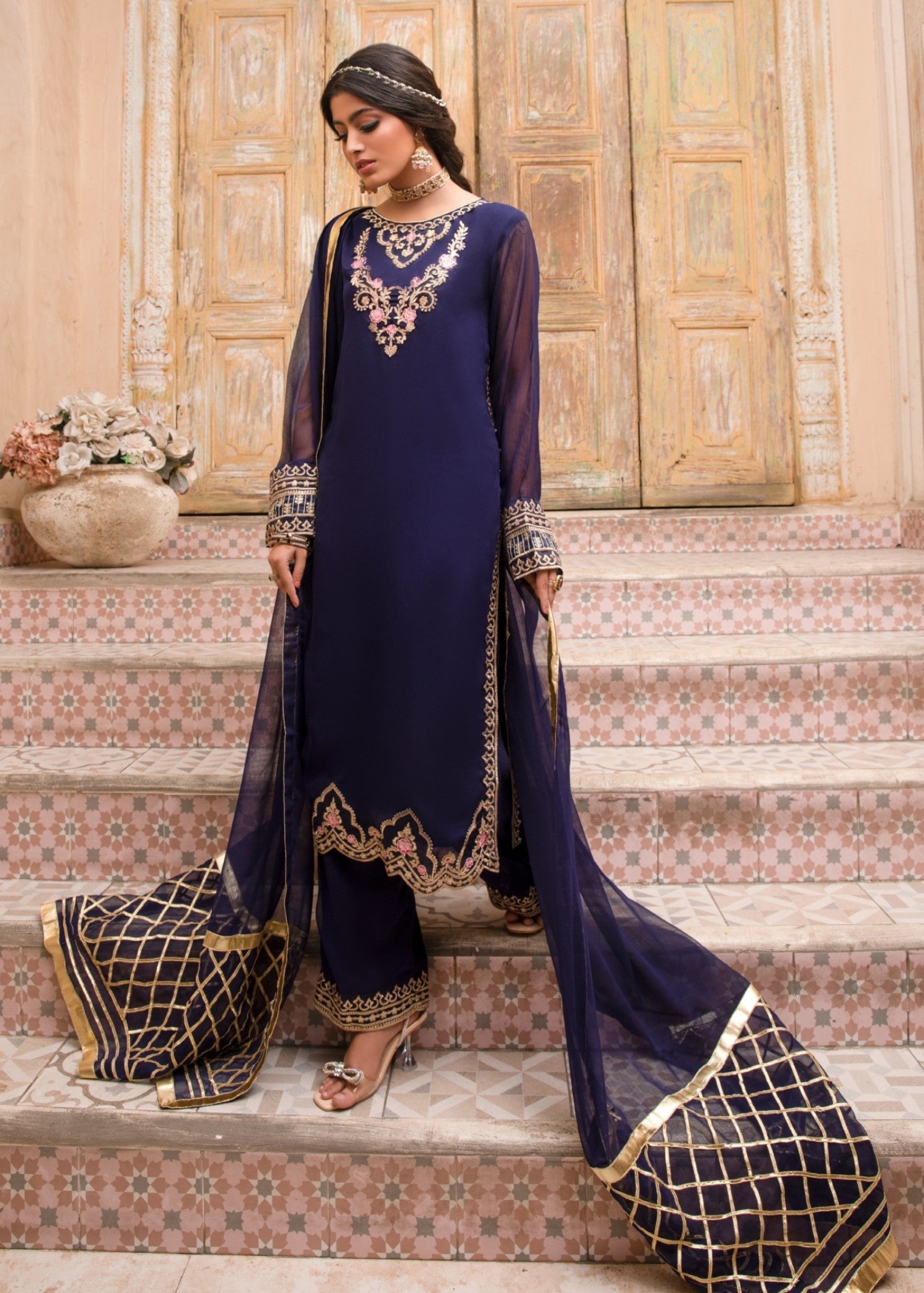 Readymade Navy Blue Chiffon Suit Online in Sri Lanka India Australia