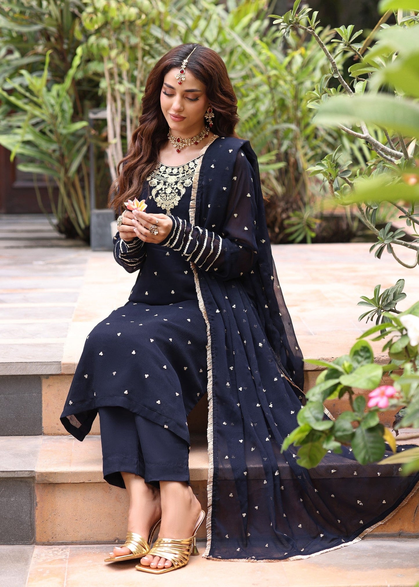 Readymade Navy Blue Embroidered Chiffon Suit Online in UK USA Canada
