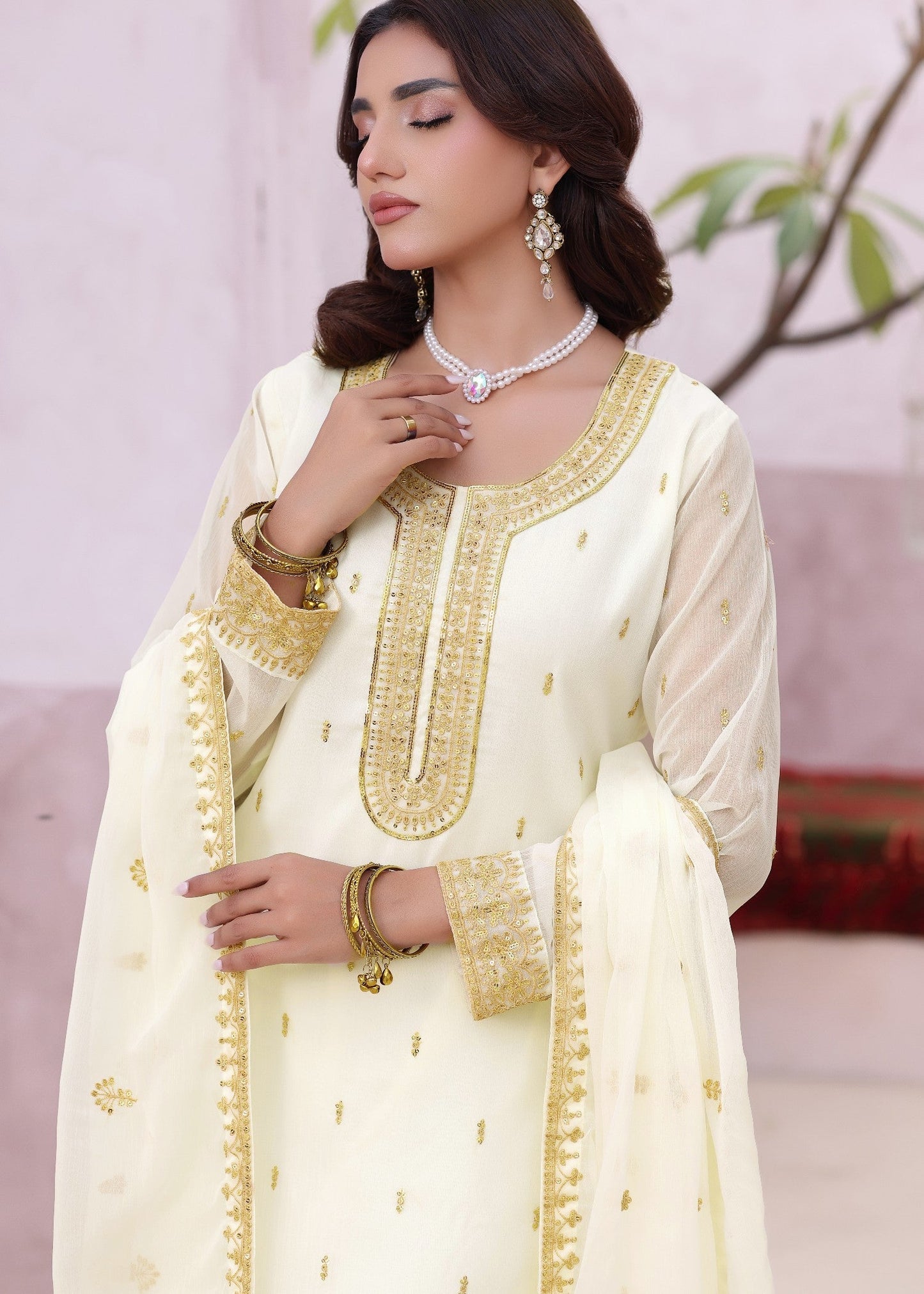 Readymade Off White Chiffon Festive Ensemble Online in Sri Lanka India Australia