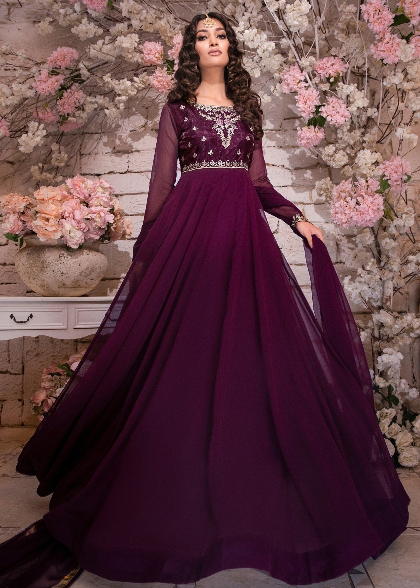 Readymade Pansy Purple Chiffon Pishwas Gharara Online in Dubai DXB UAE Abudhabi Meena Bazaar