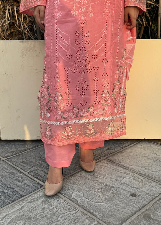 Readymade Peach Embroidered Lawn Kurta Set Online in Dubai DXB UAE Abudhabi Meena Bazaar