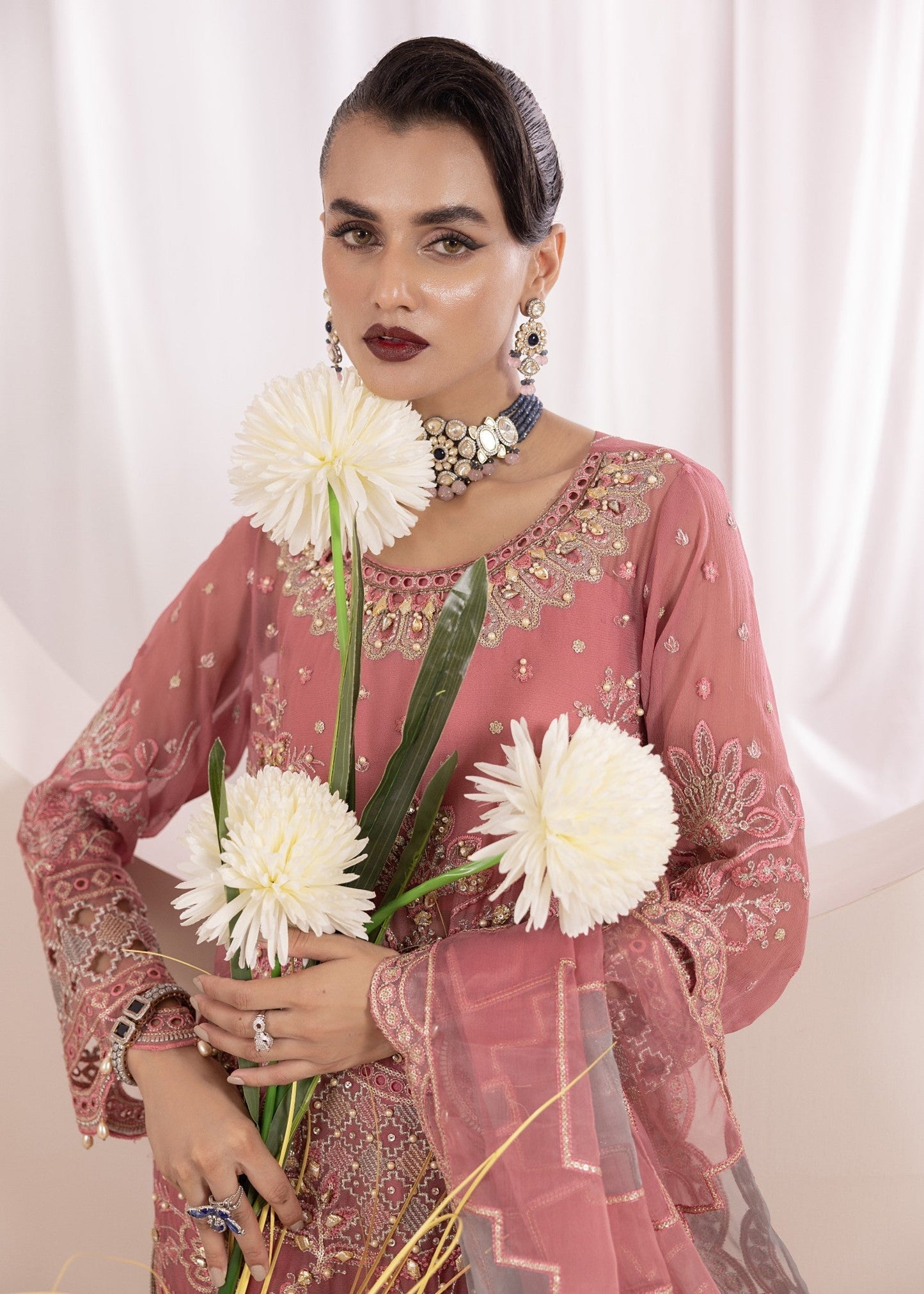 Readymade Pink Chiffon Embroidered Trouser Suit Online in Dubai DXB UAE Abudhabi Meena Bazaar