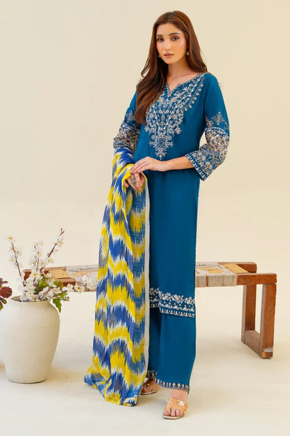 Teal Embroidered Camric Cotton Kurta Set with Dupatta