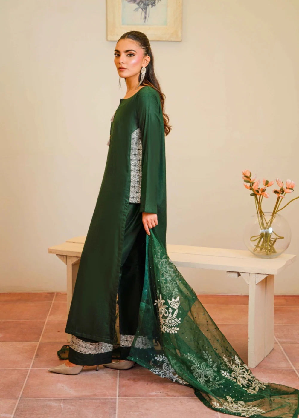 Dark Green Long Kurta Set with Dupatta