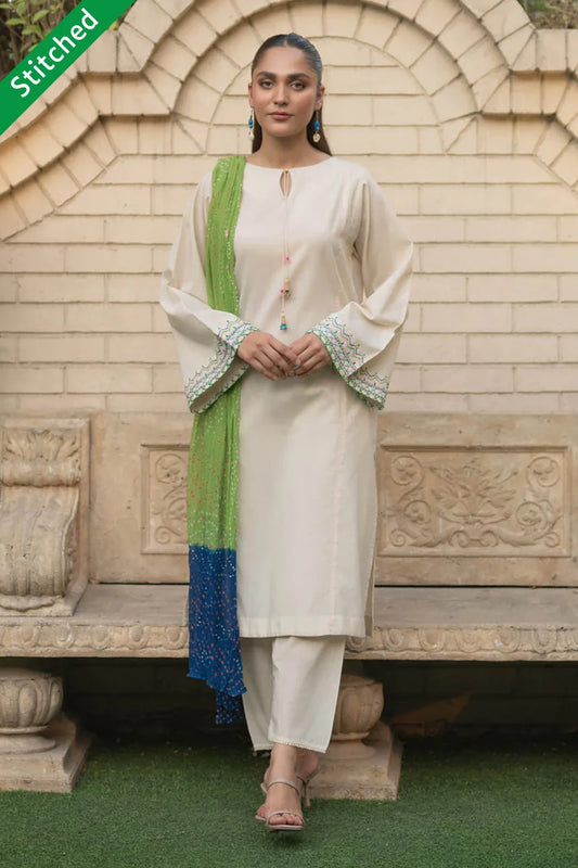 Readymade Off White Kurta Set with Chunri Dupatta