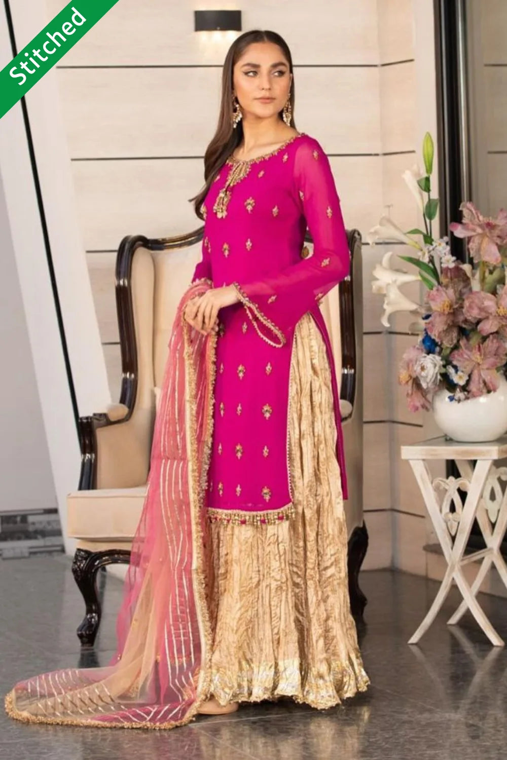 Magenta Readymade Pure Chiffon Sharara