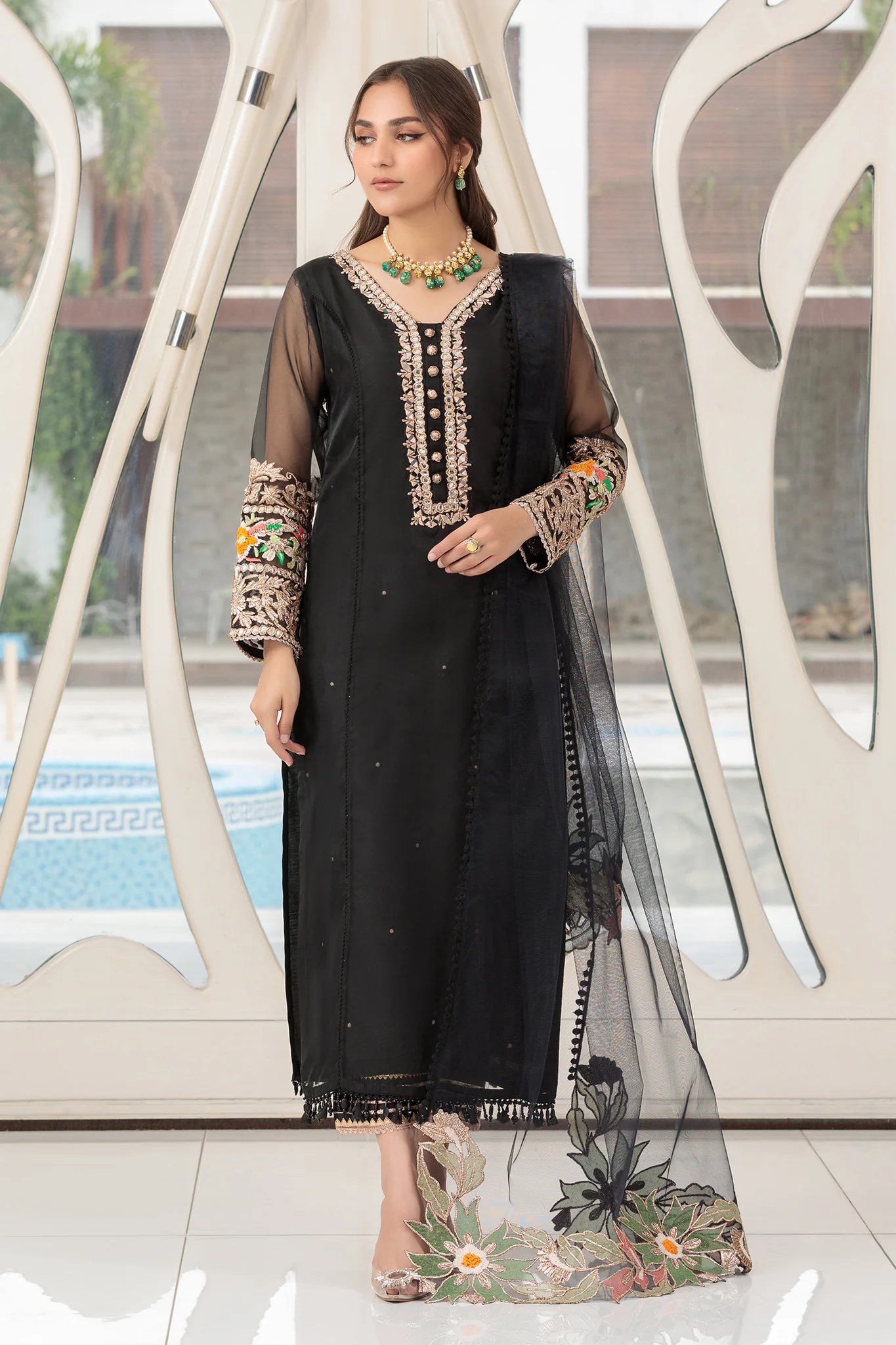 Black Readymade Suit with Embellishments