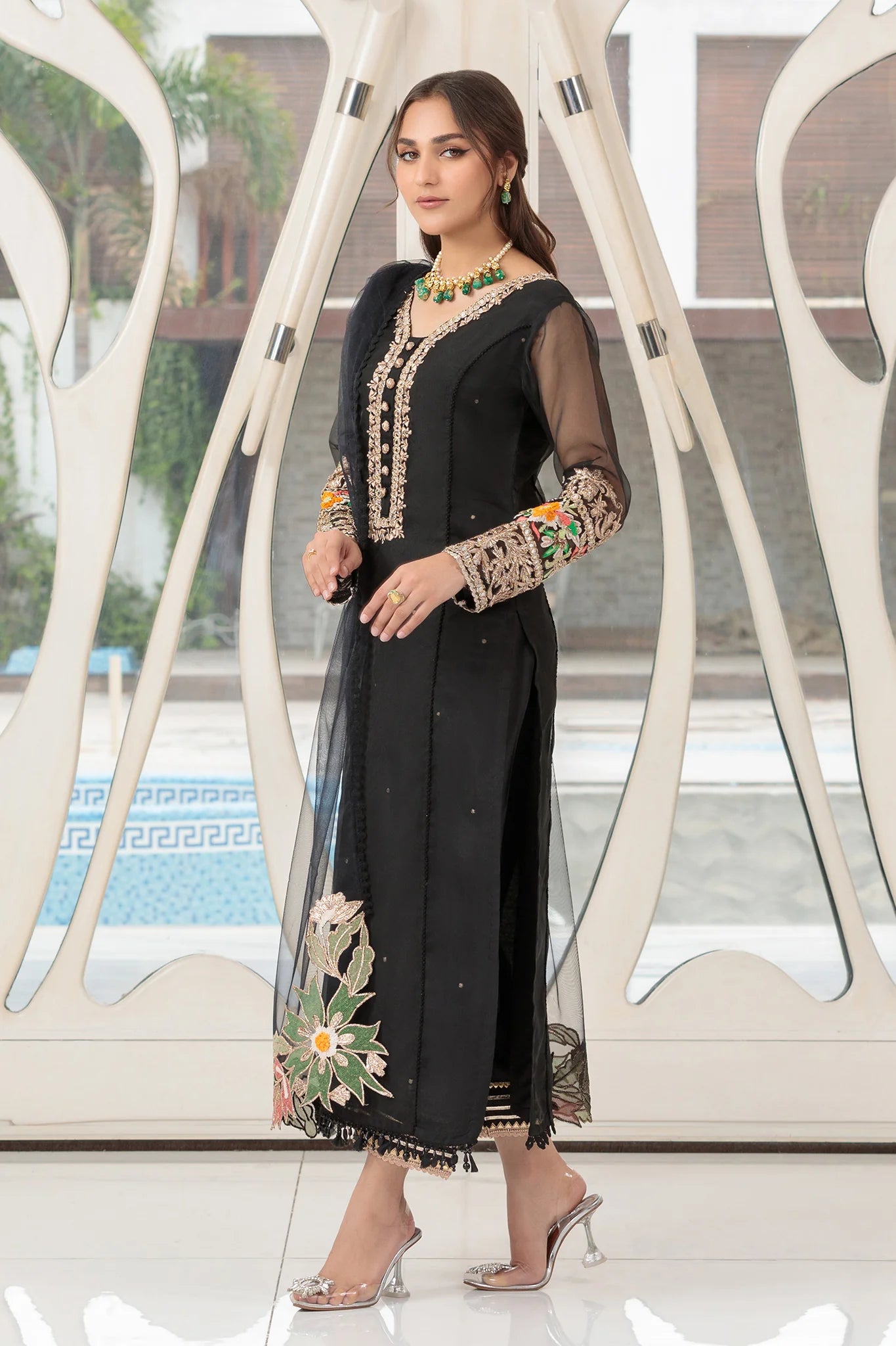 Black Readymade Suit with Embellishments