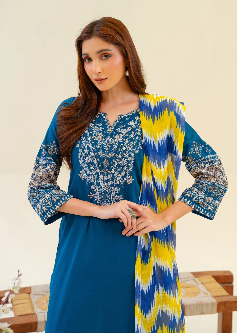 Teal Embroidered Camric Cotton Kurta Set with Dupatta