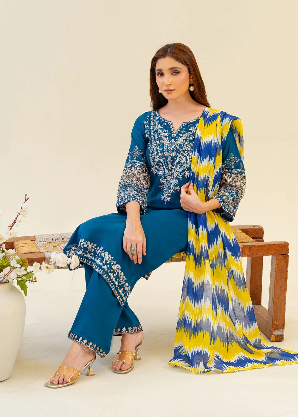 Teal Embroidered Camric Cotton Kurta Set with Dupatta