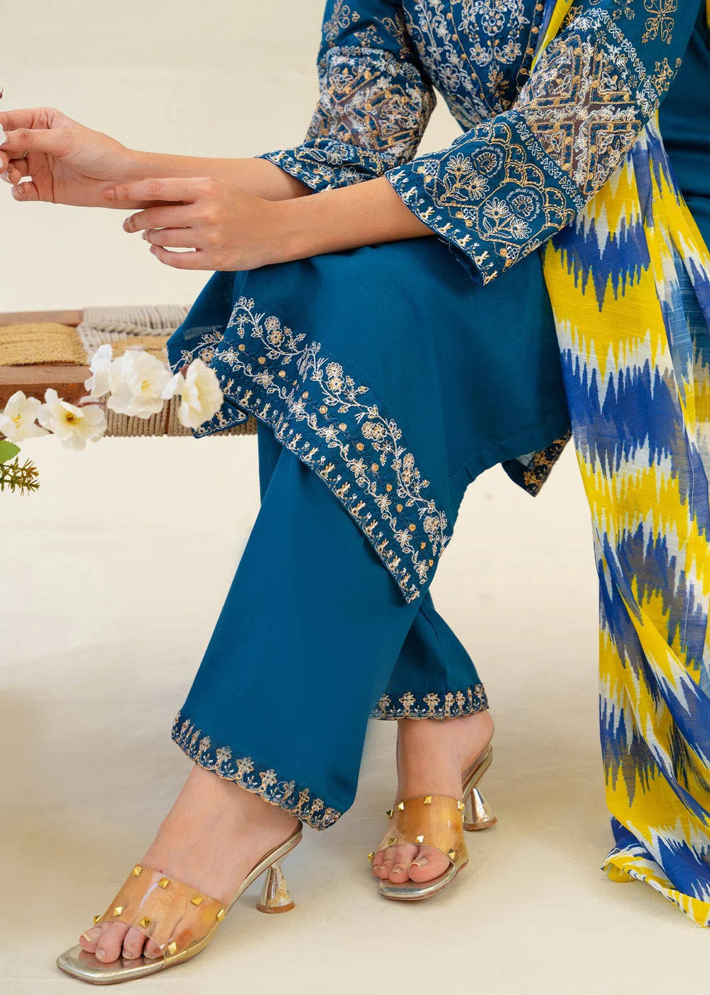 Teal Embroidered Camric Cotton Kurta Set with Dupatta