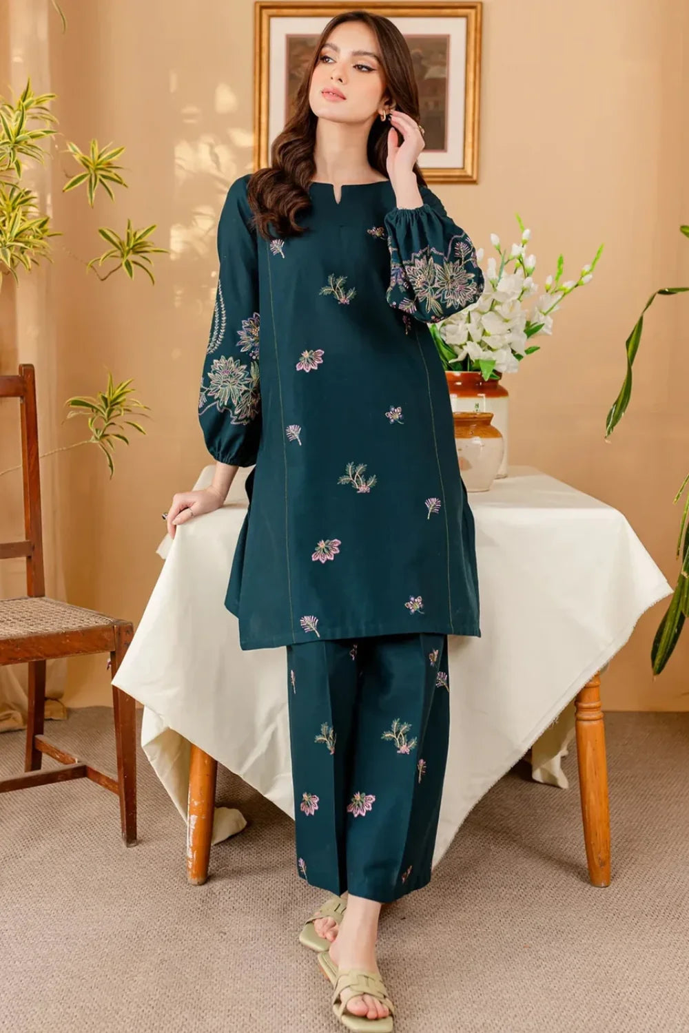 Teal Blue Embroidered Cotton Kurta Set