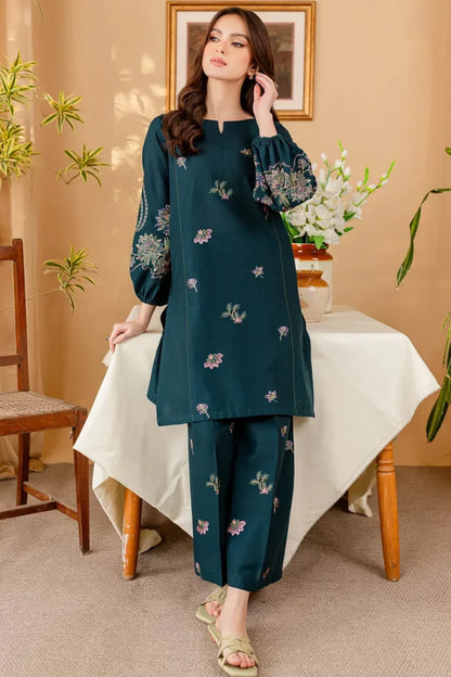 Teal Blue Embroidered Cotton Kurta Set