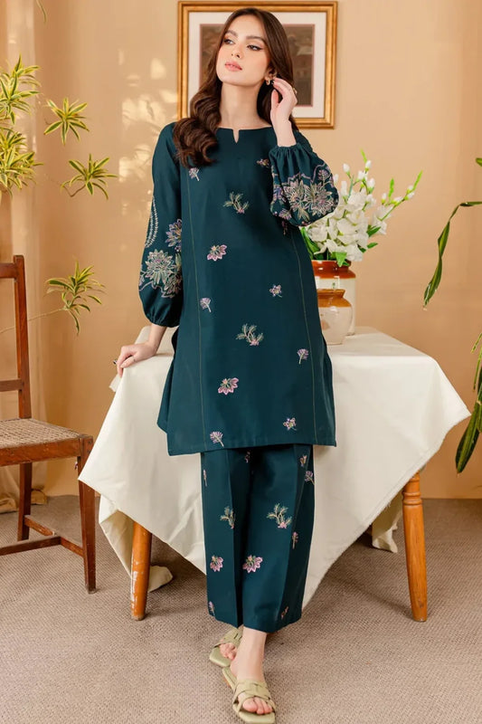 Teal Blue Embroidered Cotton Kurta Set