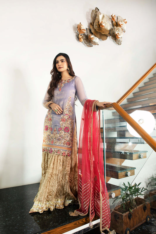 Hand Embroidered Lavender Pure Maysuri Sharara