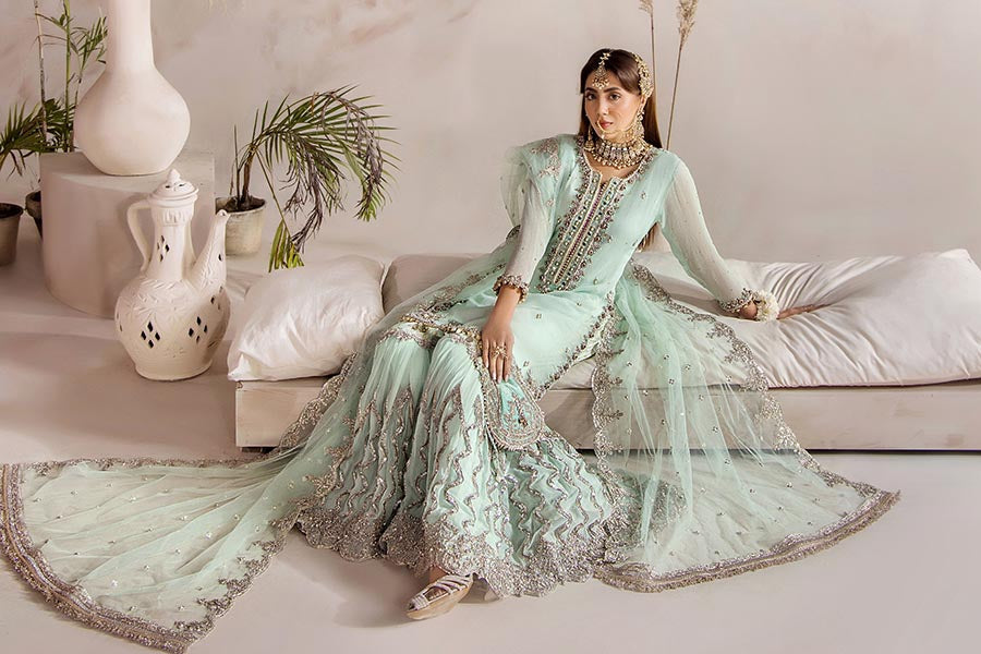 Readymade Turquoise Pure Crinkle Chiffon Gharara