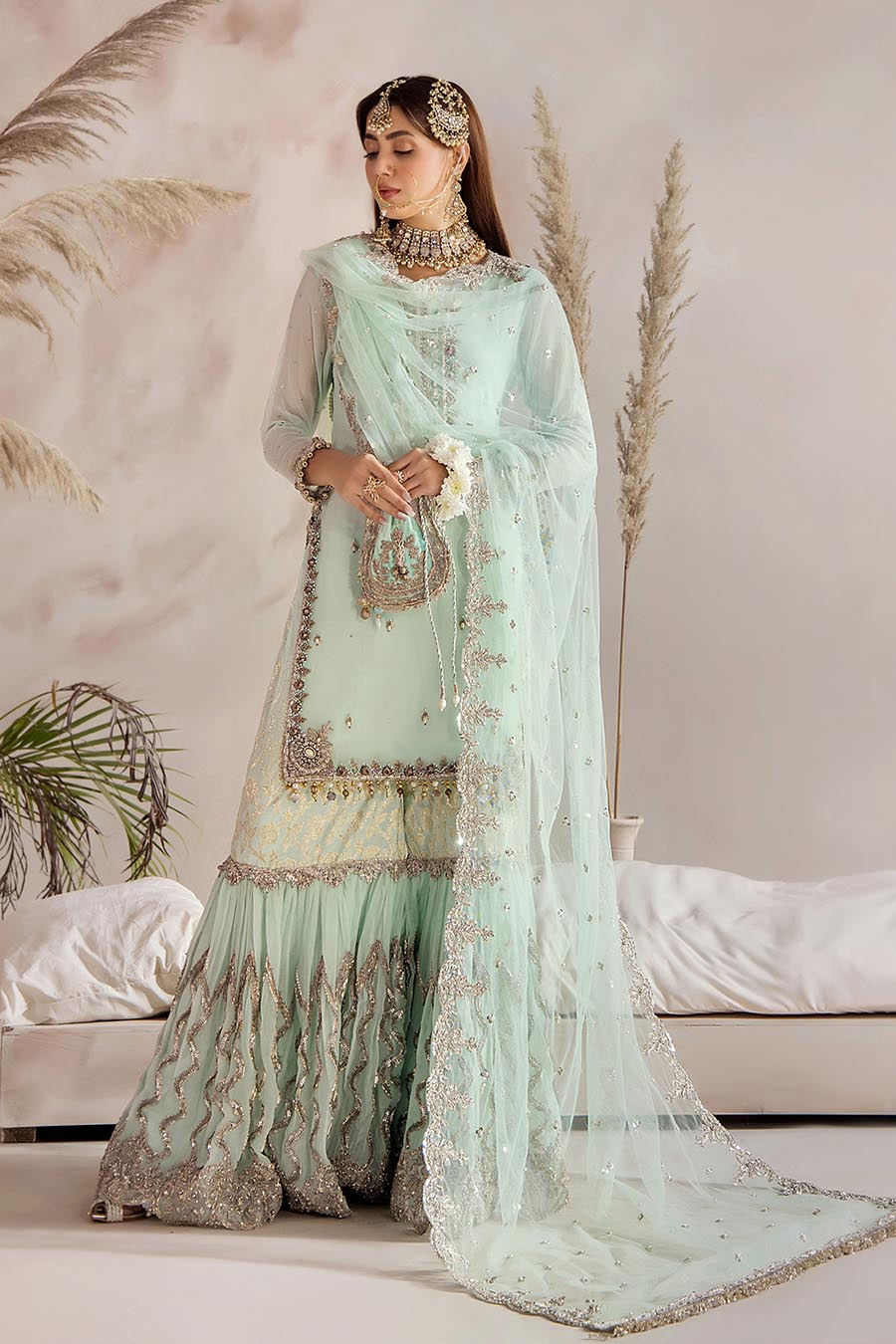 Readymade Turquoise Pure Crinkle Chiffon Gharara