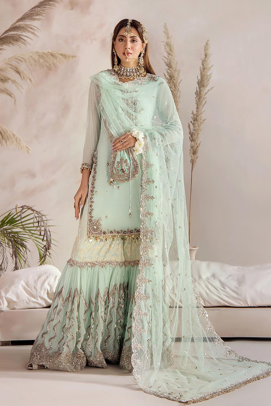 Readymade Turquoise Pure Crinkle Chiffon Gharara