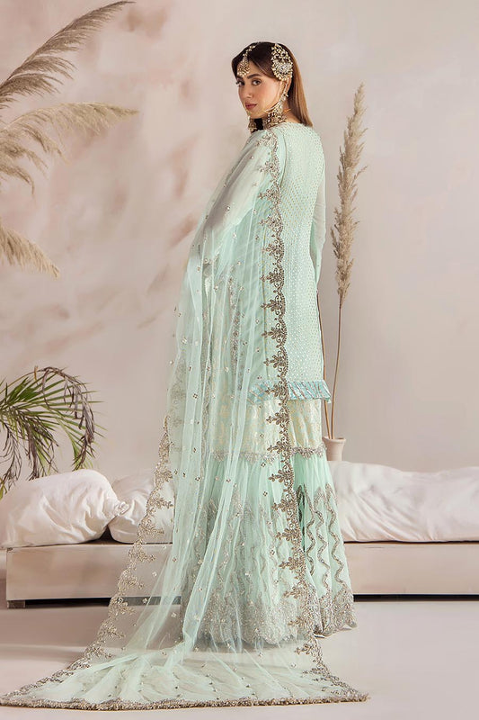 Hand Embroidered Turquoise Pure Chiffon Gharara