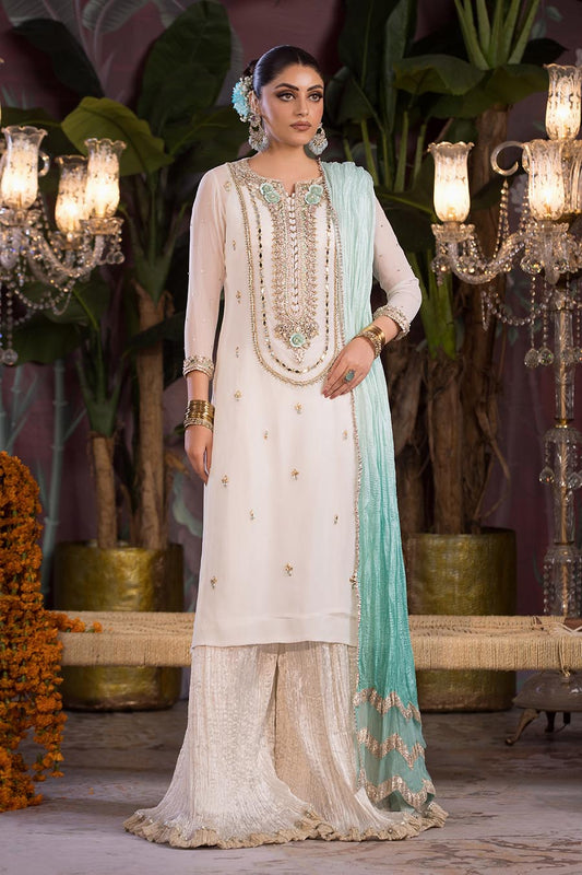 White Hand Embroidered Pure Chiffon Suit with Crushed Sharara