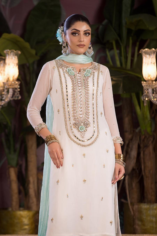 White Hand Embroidered Pure Chiffon Suit with Crushed Sharara