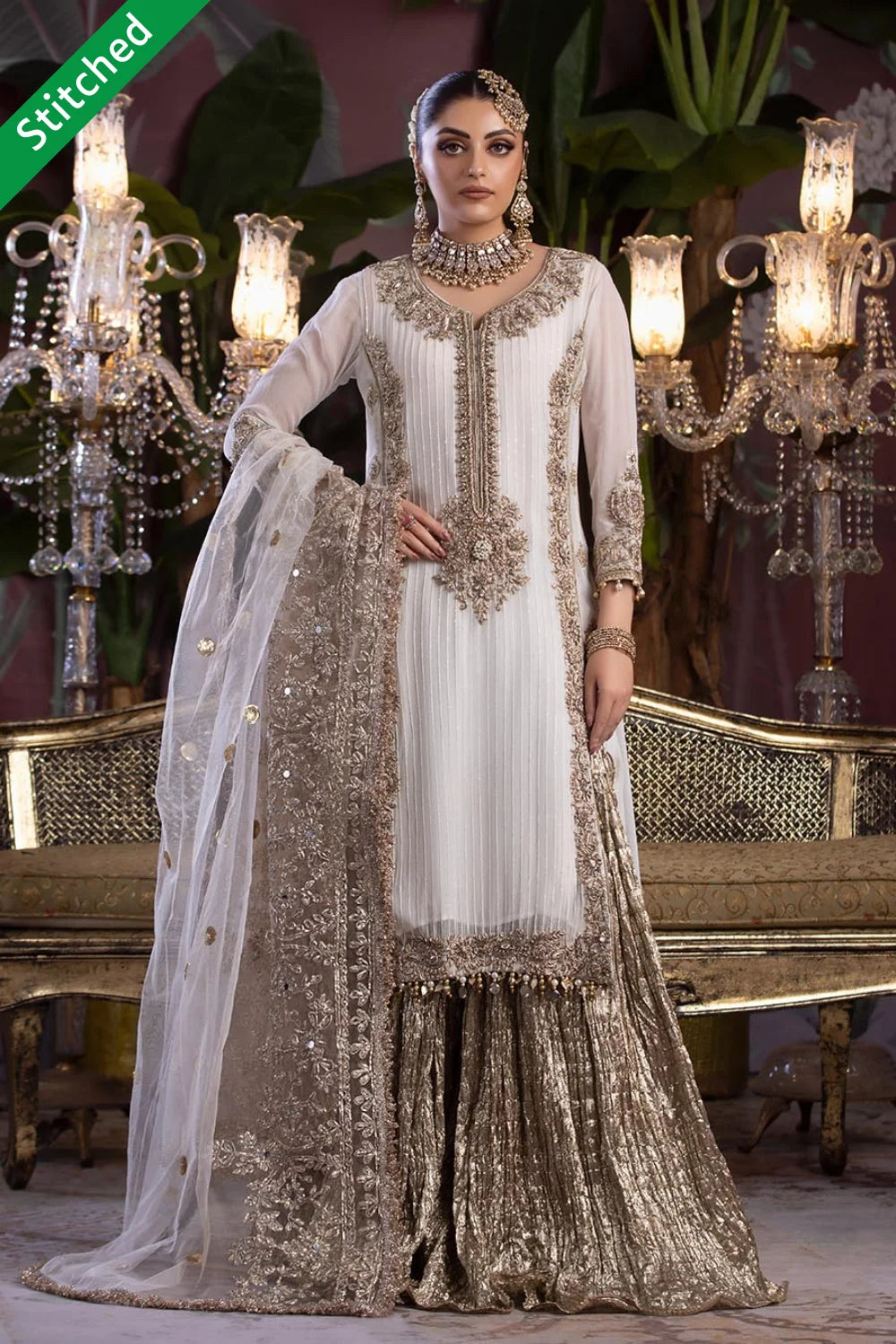 Readymade White Bridal Sharara with Stone Work