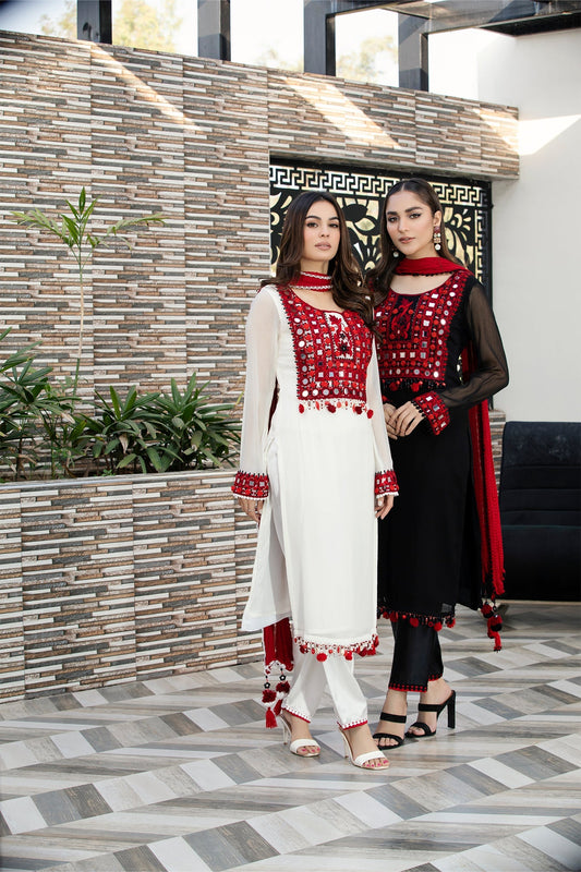 White Hand Embroidered Pure Chiffon Suit with Mirror Work