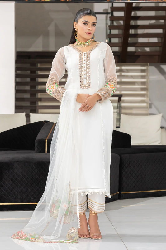 White Hand Embroidered Pure Organza Suit with Embellishments